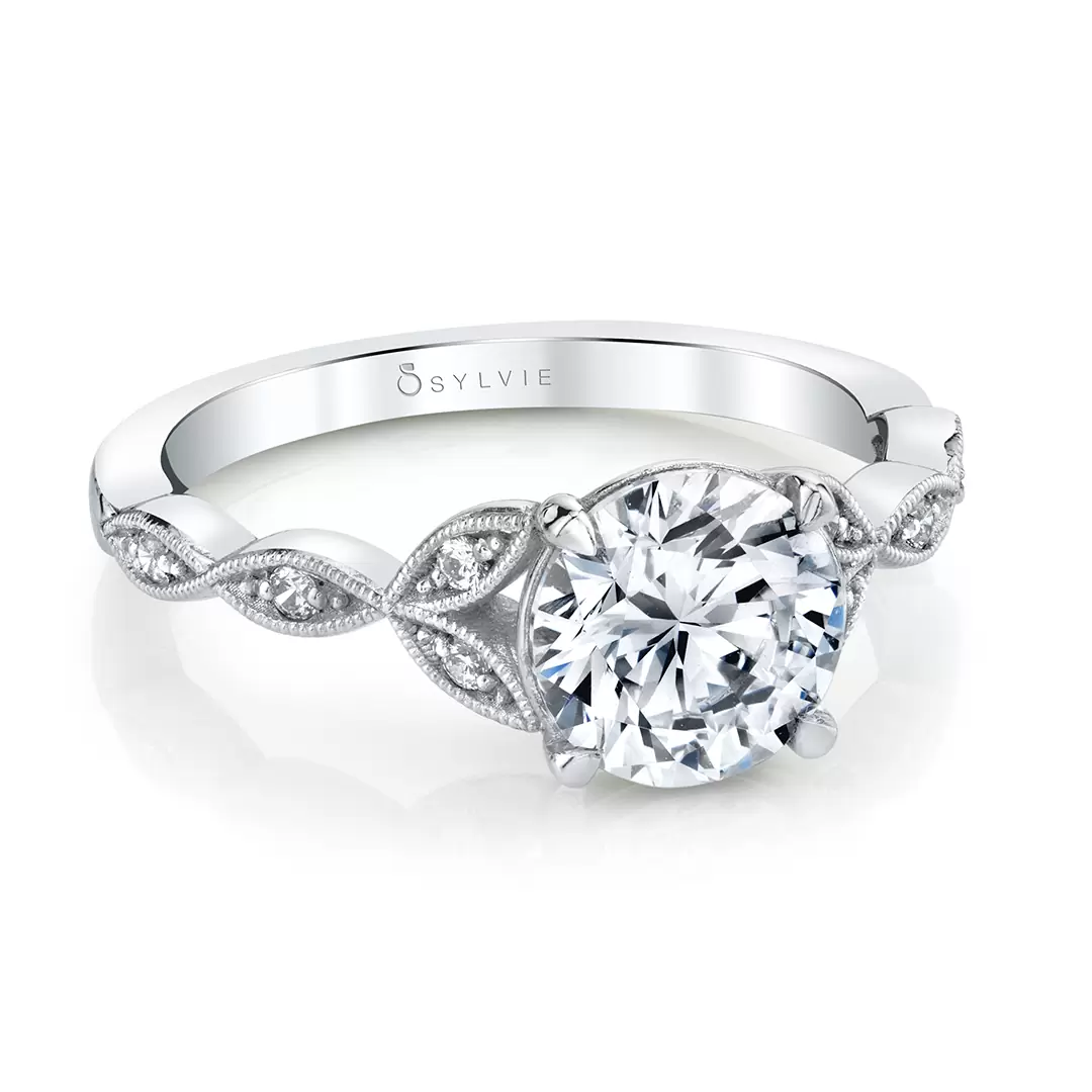White Gold Round Cut Unique Vintage Engagement Ring - Frederique
