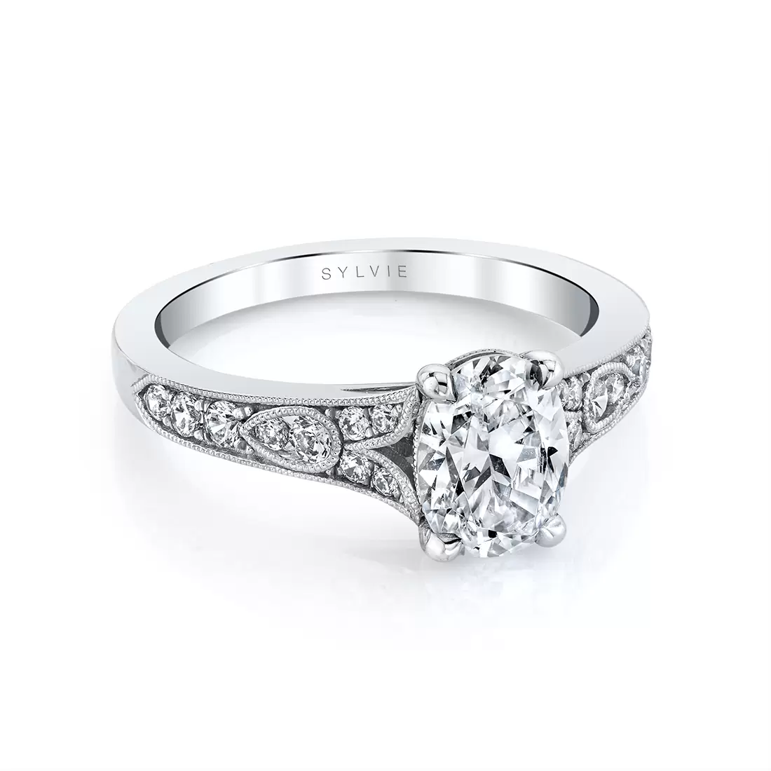 White Gold Oval Cut Vintage Inspired Engagement Ring - Chereen - Profile View