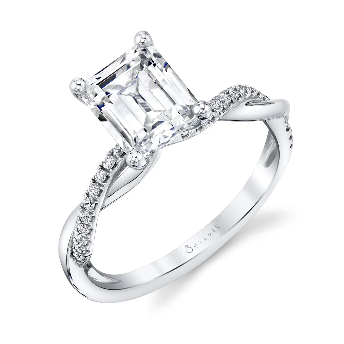 Emerald Cut Diamond Spiral Engagement Ring