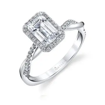 White Gold Emerald Cut Modern Halo Diamond Spiral Engagement Ring - Coralie