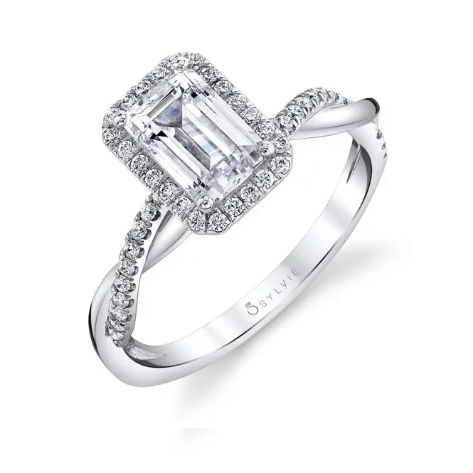 White Gold Emerald Cut Modern Halo Diamond Spiral Engagement Ring
