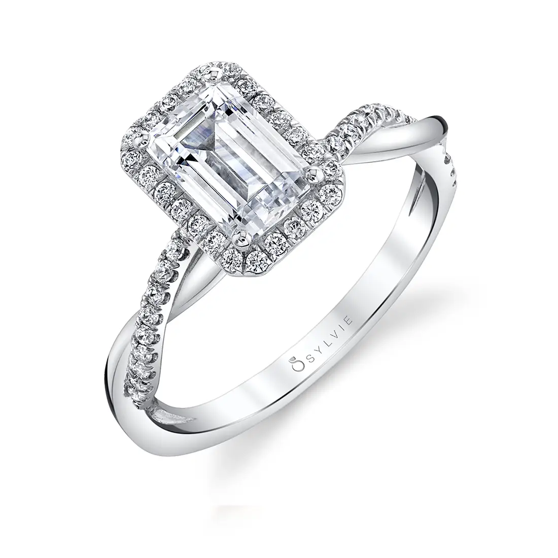 Emerald Cut Modern Halo Diamond Spiral Engagement Ring - Coralie ...