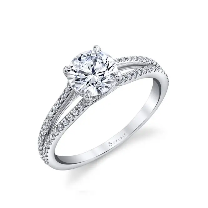White Gold Round Cut Split Shank Engagement Ring