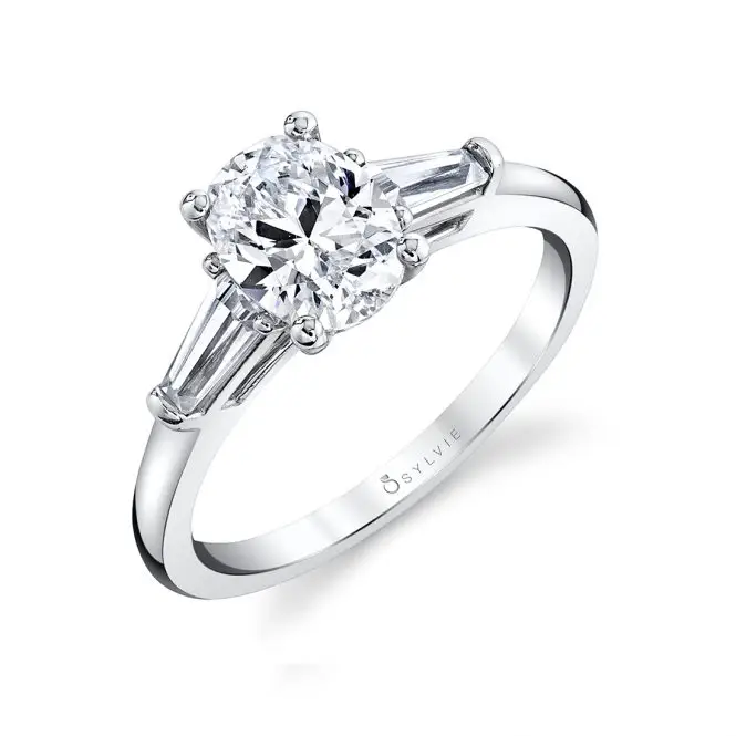White Gold Oval Cut Three Stone Engagement Ring with Baguettes