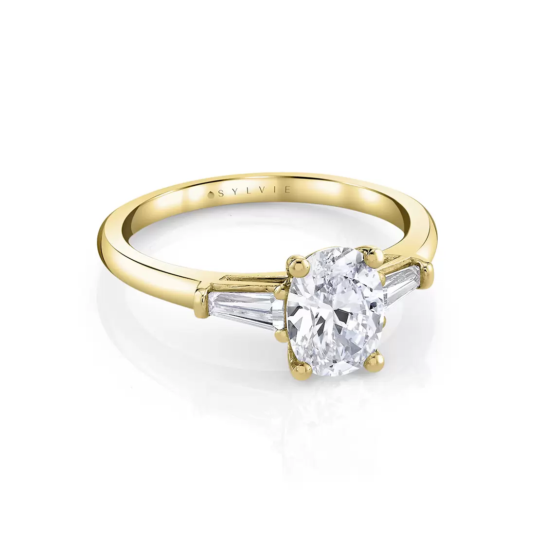 White Gold Oval Cut Three Stone Engagement Ring with Baguettes - Nicolette