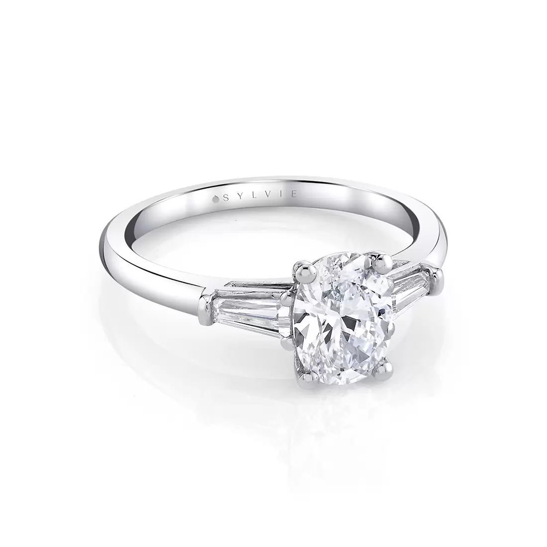 White Gold Oval Cut Three Stone Engagement Ring with Baguettes - Nicolette