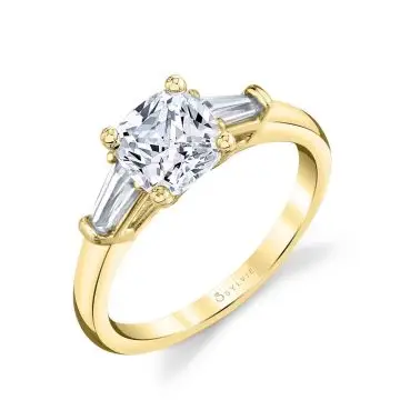 White Gold Cushion Cut Three Stone Engagement Ring with Baguettes - Nicolette