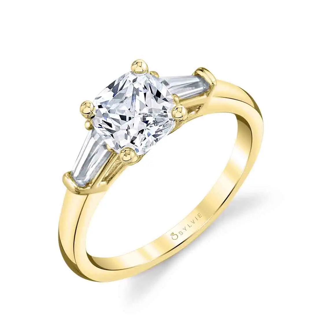 White Gold Cushion Cut Three Stone Engagement Ring with Baguettes - Nicolette