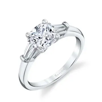 White Gold Cushion Cut Three Stone Engagement Ring with Baguettes - Nicolette