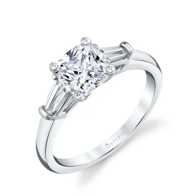White Gold Cushion Cut Three Stone Engagement Ring with Baguettes