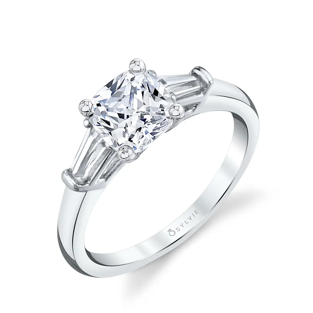 White Gold Cushion Cut Three Stone Engagement Ring with Baguettes - Nicolette