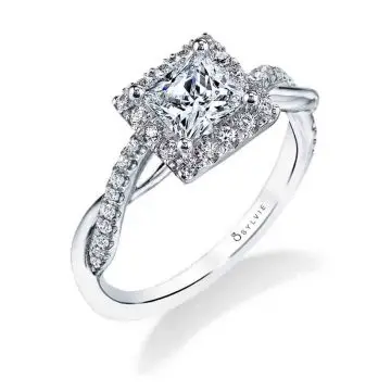 White Gold Princess Cut Modern Halo Diamond Spiral Engagement Ring - Coralie