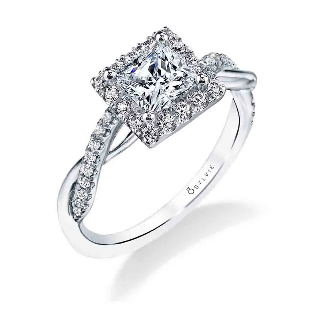 White Gold Princess Cut Modern Halo Diamond Spiral Engagement Ring - Coralie