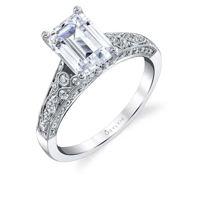 White Gold Emerald Cut Modern Vintage Engagement Ring
