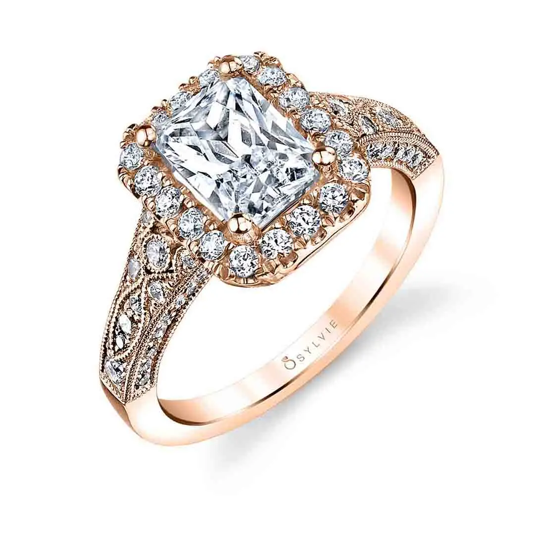 White Gold Emerald Cut Modern Vintage Halo Engagement Ring - Cheri - Profile View