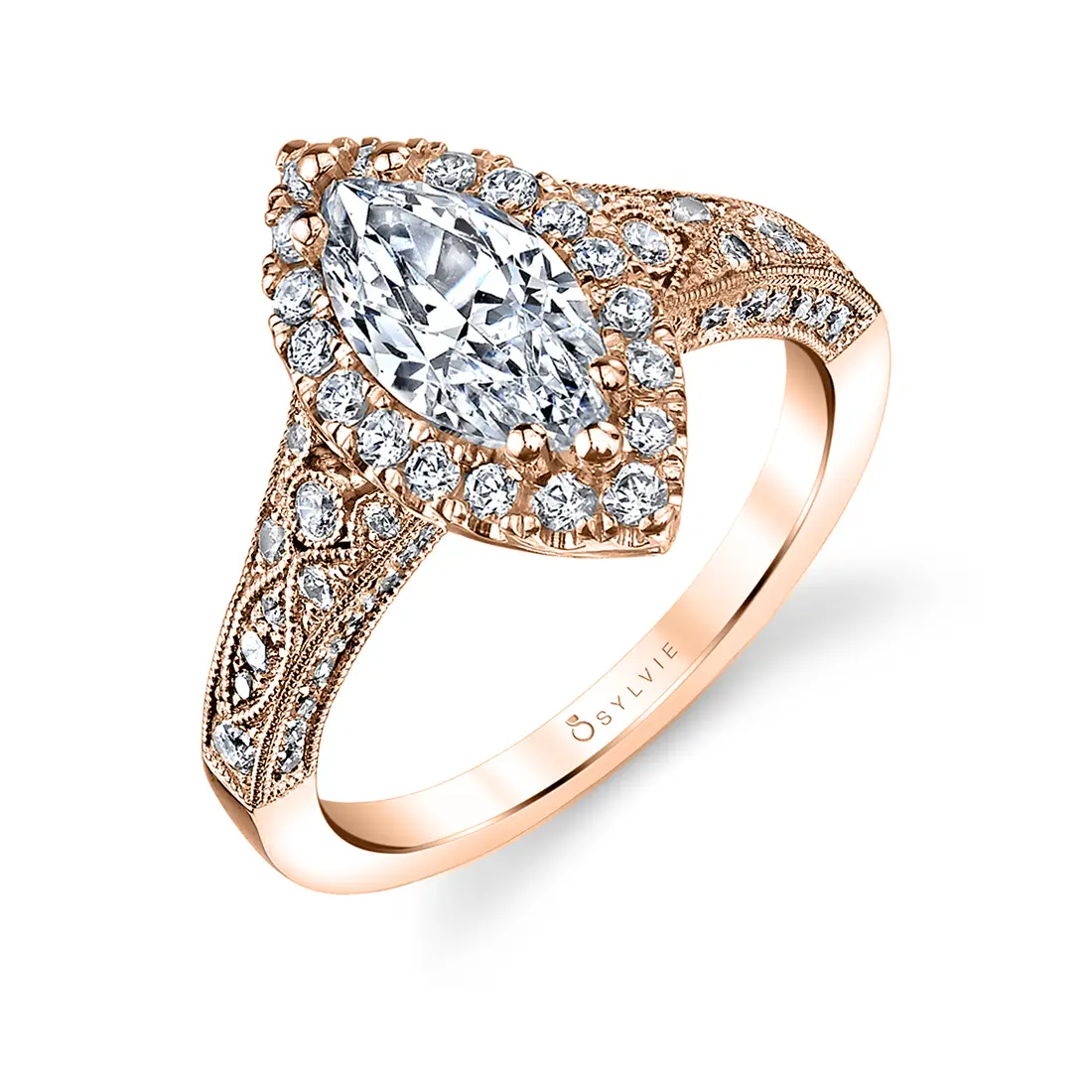 White Gold Marquise Cut Modern Vintage Halo Engagement Ring - Cheri - Profile View