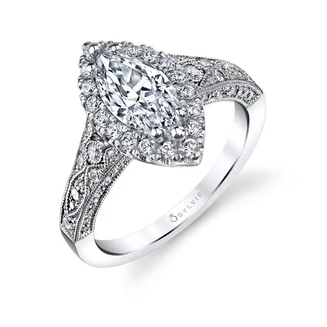 White Gold Marquise Cut Modern Vintage Halo Engagement Ring