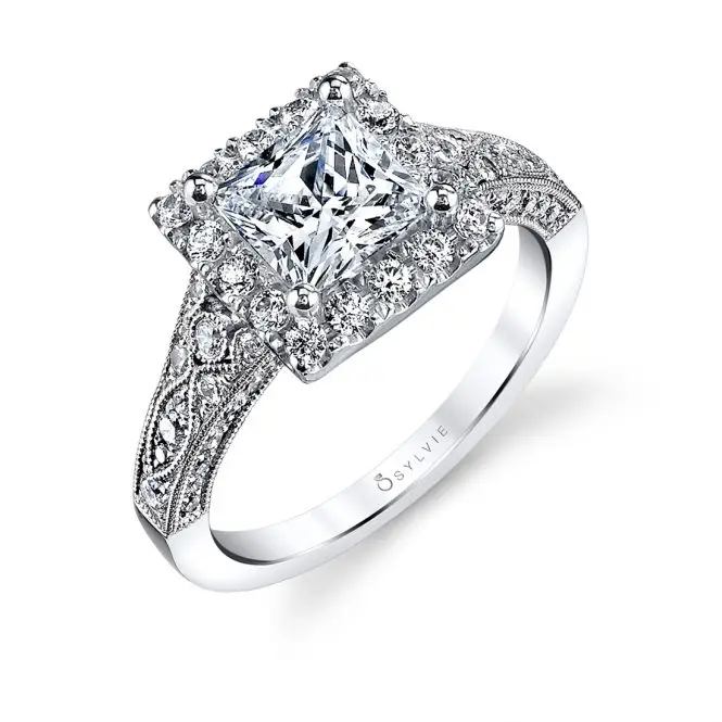 White Gold Princess Cut Modern Vintage Halo Engagement Ring