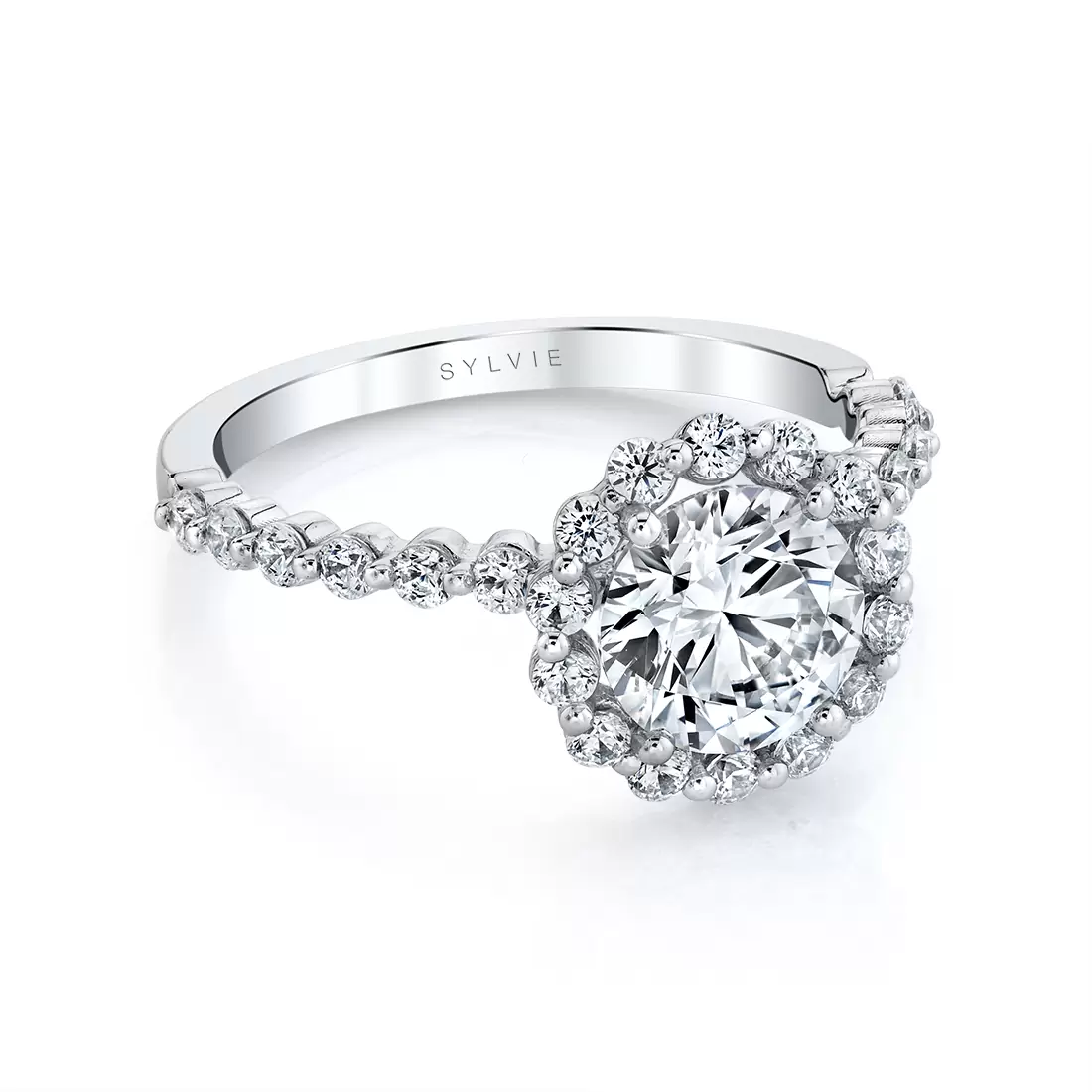 White Gold Round Cut Classic Halo Engagement Ring - Athena