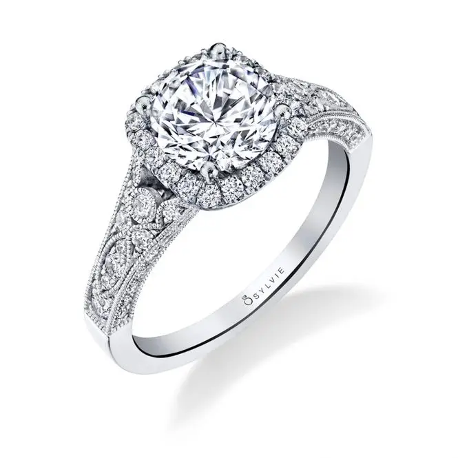White Gold Round Cut Modern Vintage Cushion Halo Engagement Ring