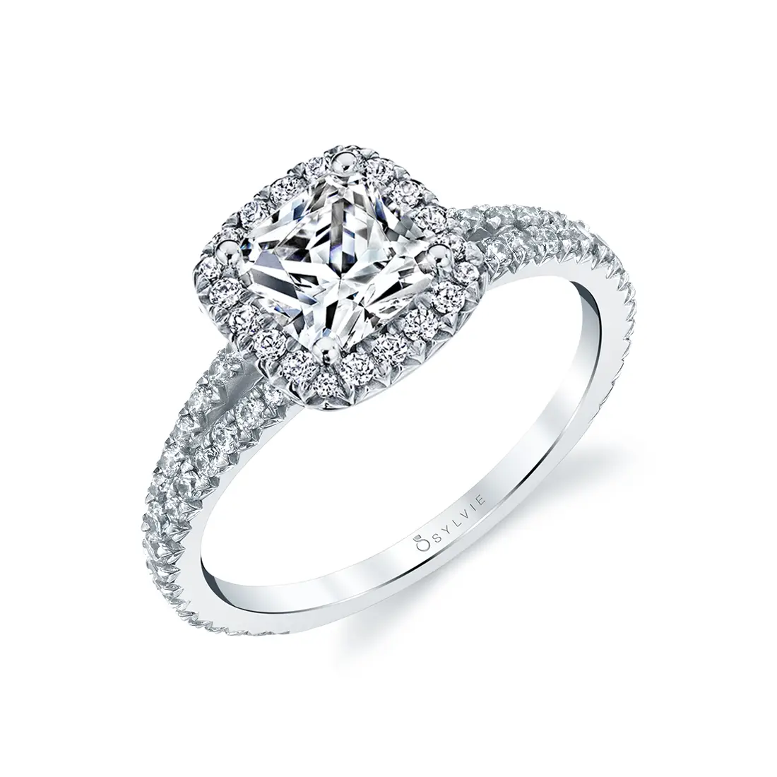 cushion cut split shank engagement ring