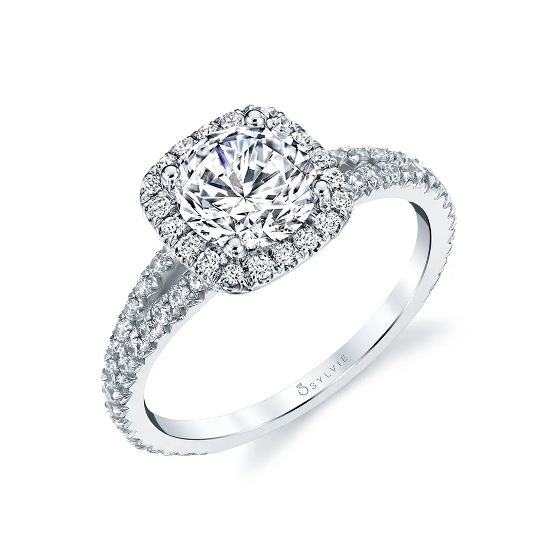 cushion halo engagement ring with split shank