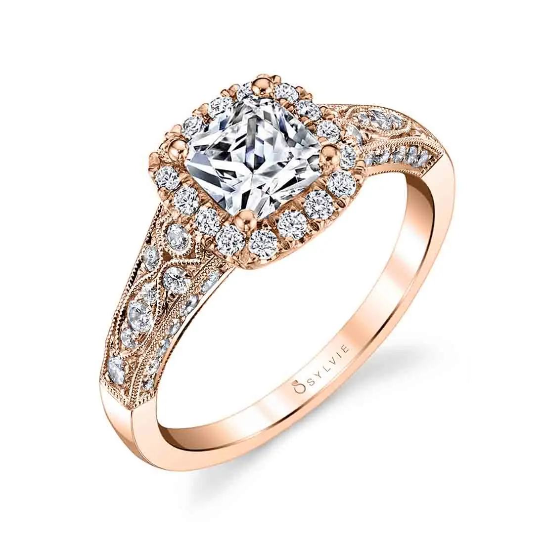 White Gold Cushion Cut Modern Vintage Halo Engagement Ring - Cheri - Profile View