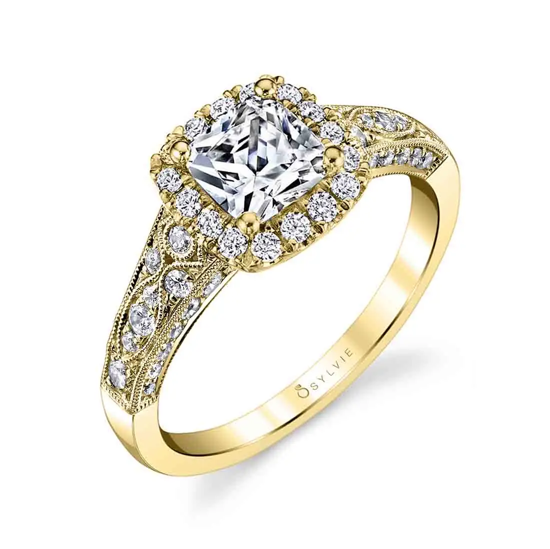 White Gold Cushion Cut Modern Vintage Halo Engagement Ring - Cheri - Profile View