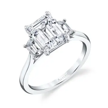 White Gold Three Stone Emerald Engagement Ring with Trapezoid Side Stones - Annalise