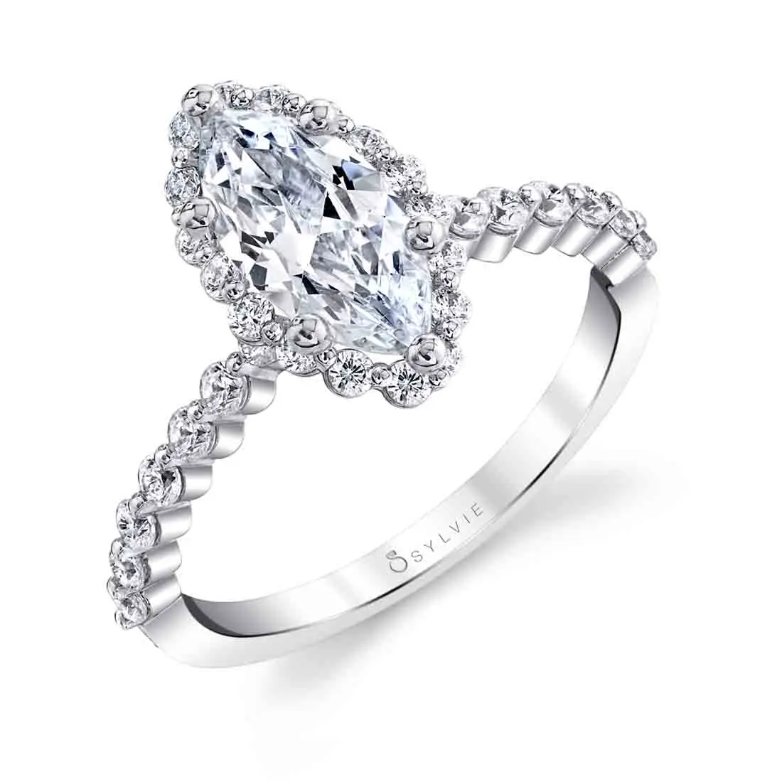 White Gold Marquise Cut Classic Halo Engagement Ring - Athena