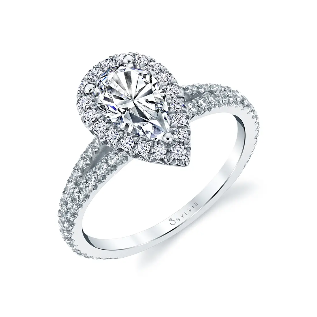 White Gold Pear Shaped Halo Engagement Ring - Genevieve