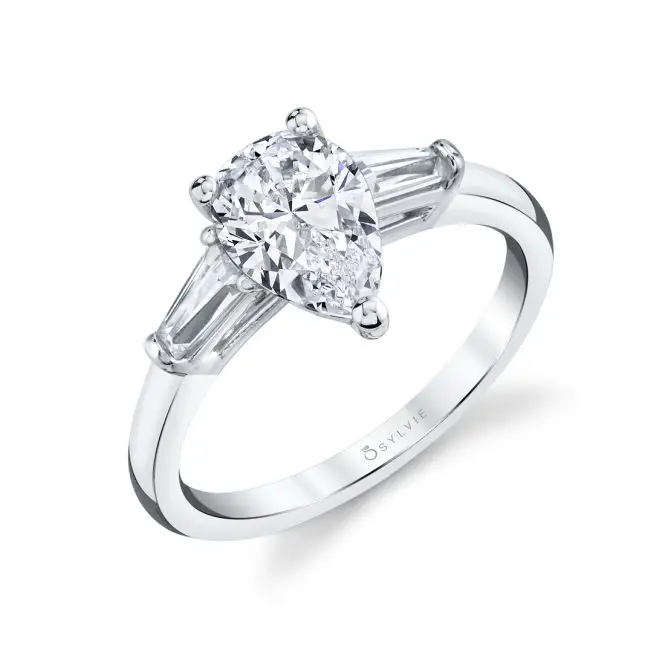 White Gold Pear Shaped Three Stone Engagement Ring with Baguettes