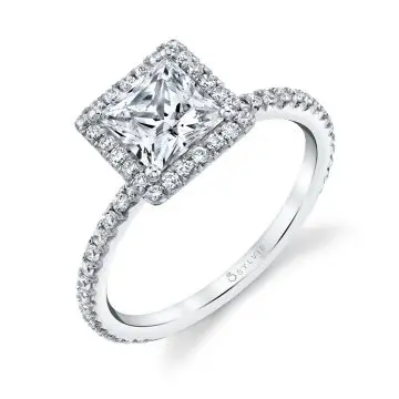 White Gold Princess Cut Classic Halo Engagement Ring - Vivian