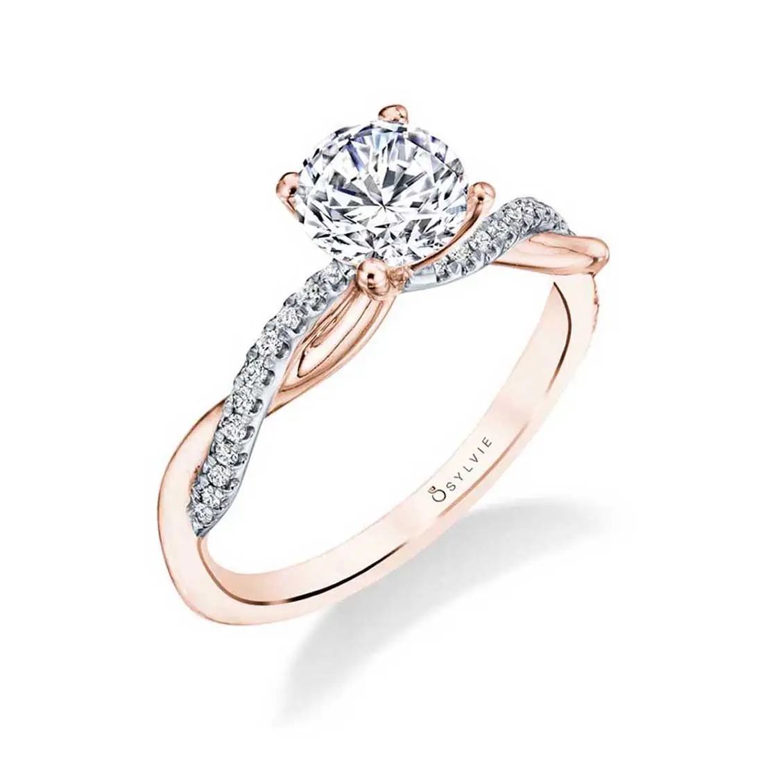 White Gold Round Cut Two Tone Diamond Spiral Engagement Ring - Yasmine