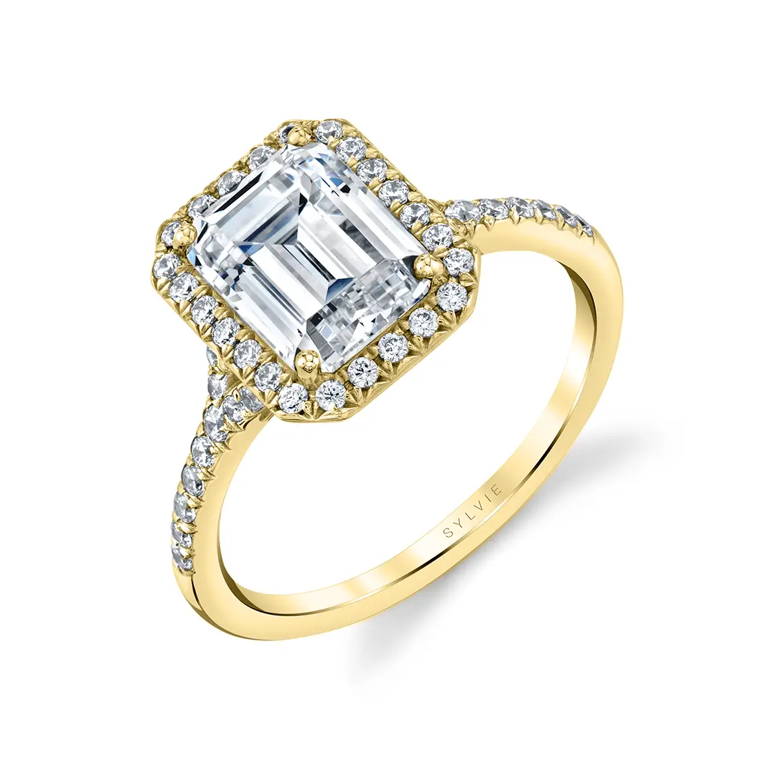 Emerald Cut Halo Engagement Ring - Alexandra - Sylvie Jewelry