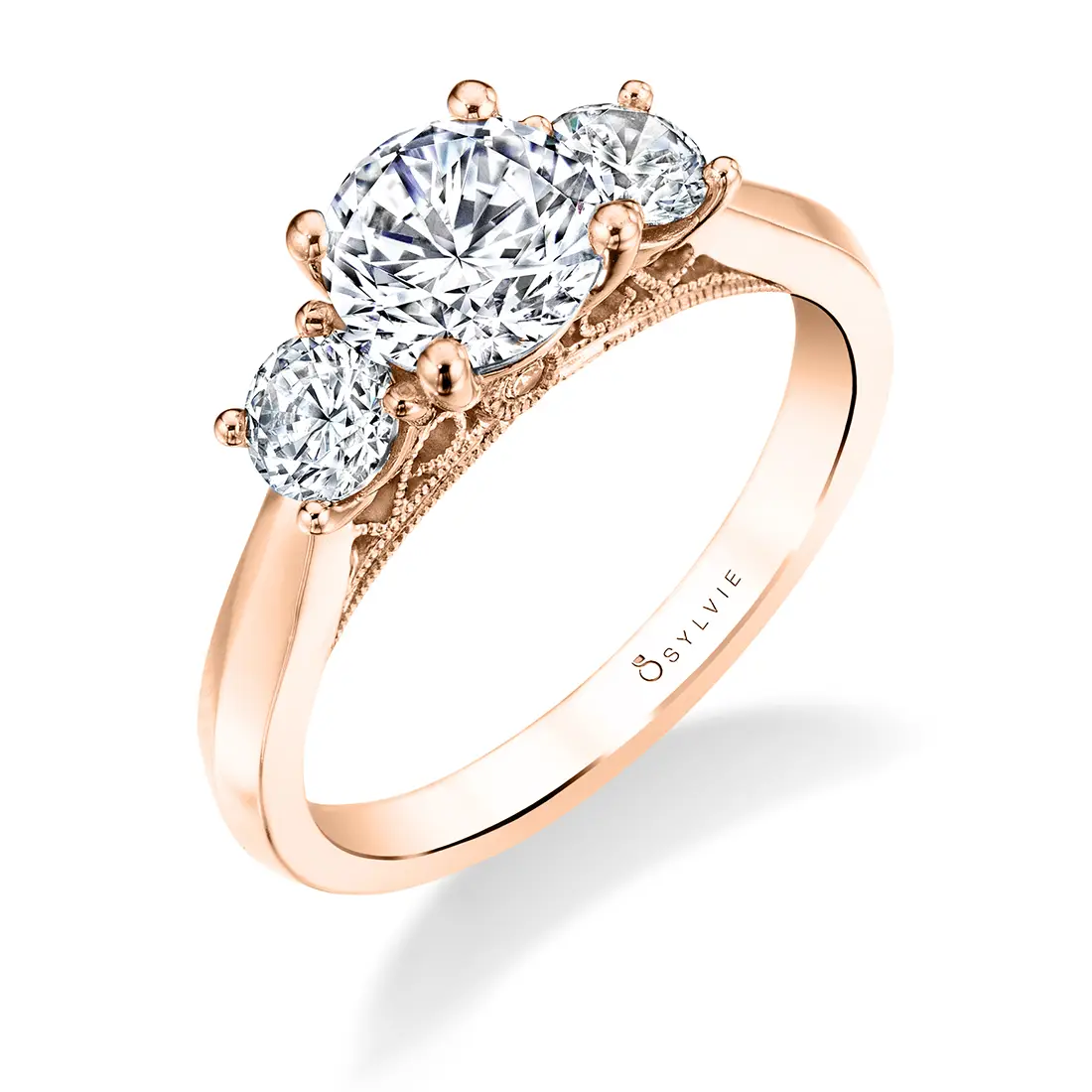 White Gold Round Cut Three Stone Engagement Ring - Carmen