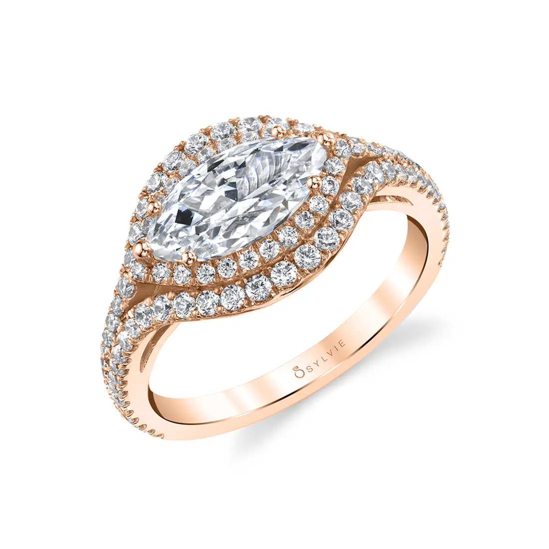 Marquise Shaped Ring with Halo in Rose Gold - Eleanora