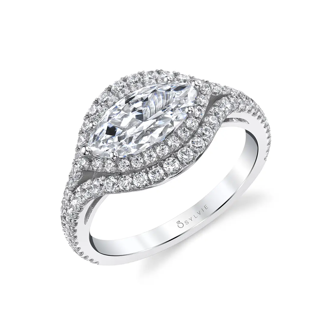 Marquise Shaped Ring with Halo in White Gold - Eleanora
