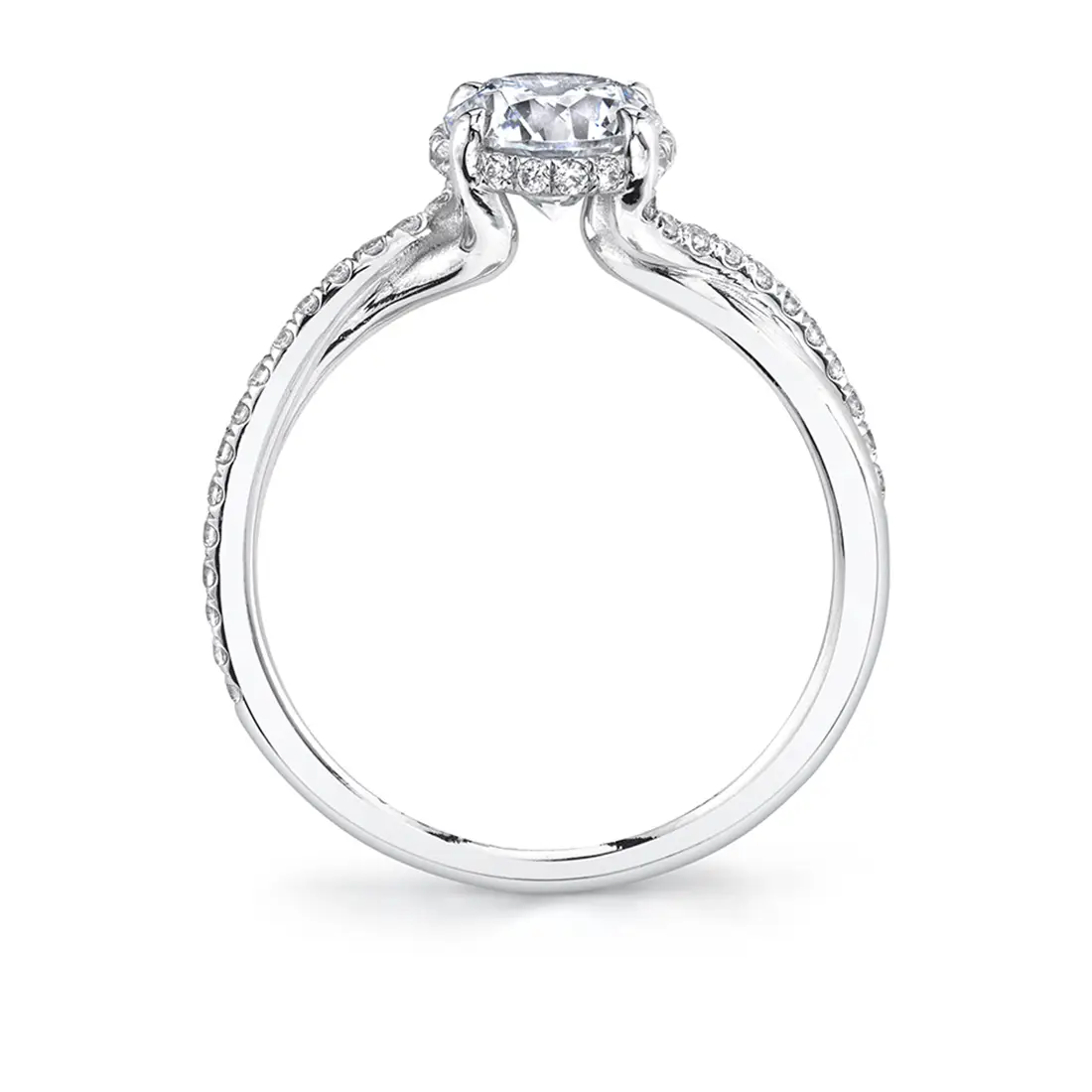 White Gold Round Cut Spiral Engagement Ring with Hidden Halo - Ilaria