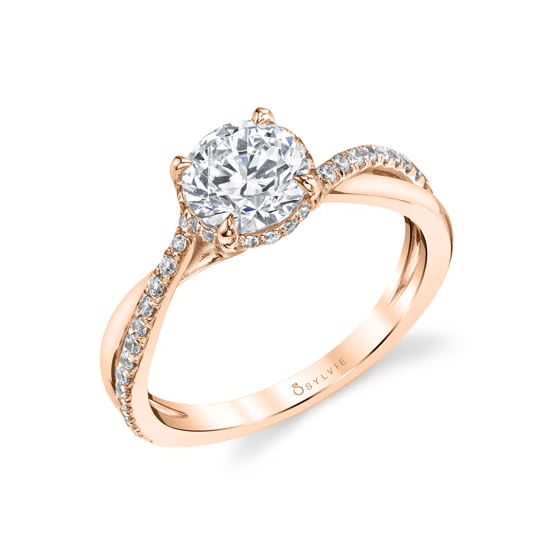 White Gold Round Cut Spiral Engagement Ring with Hidden Halo - Ilaria
