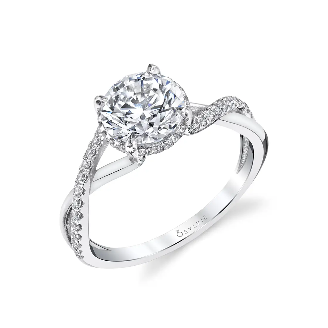 White Gold Round Cut Spiral Engagement Ring with Hidden Halo - Amahle