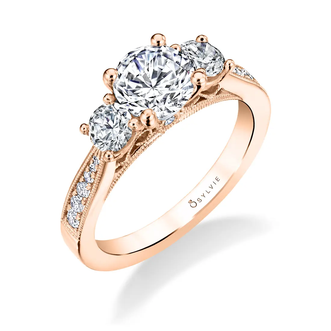 Round Cut Three Stone Engagement Ring with Round Diamonds in Rose Gold - Catarina