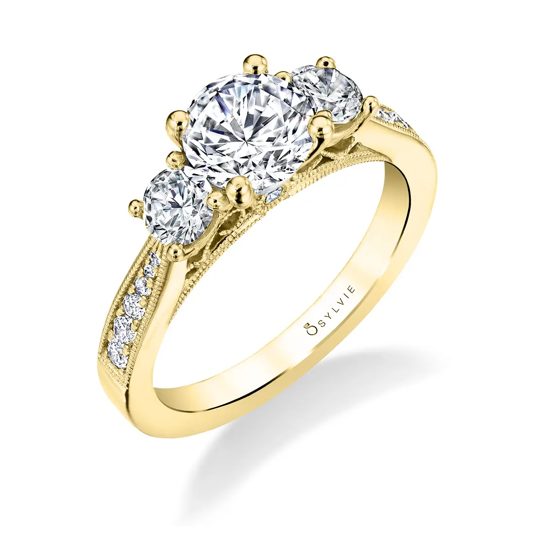 Round Cut Three Stone Engagement Ring with Round Diamonds in Yellow Gold - Catarina