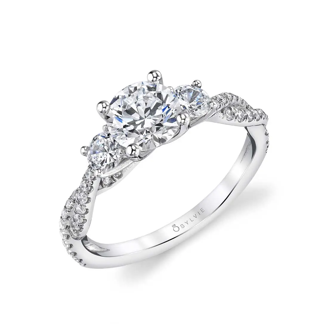 White Gold Round Cut Three Stone Spiral Engagement Ring - Gina