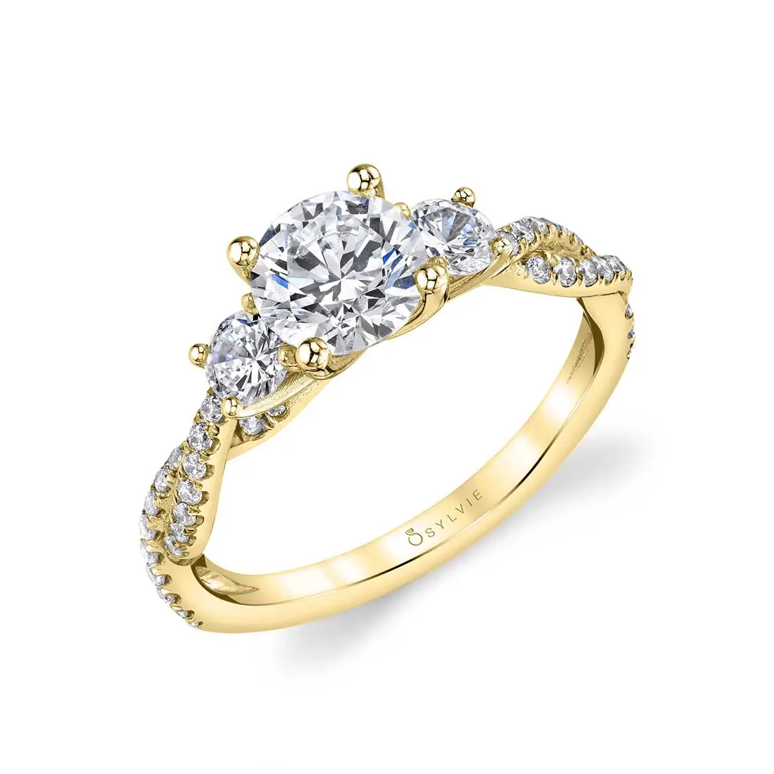 Round Cut Three Stone Spiral Engagement Ring - Gina