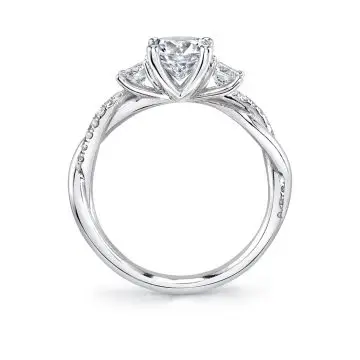 White Gold Round Cut Three Stone Spiral Engagement Ring - Evangeline