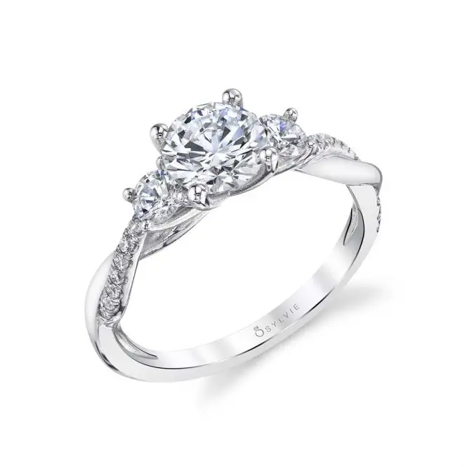 3 Stone Engagement Ring with Spiral Band - Evangeline 