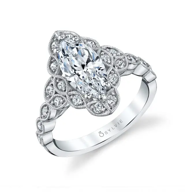 White Gold Marquise Cut Flower Engagement Ring