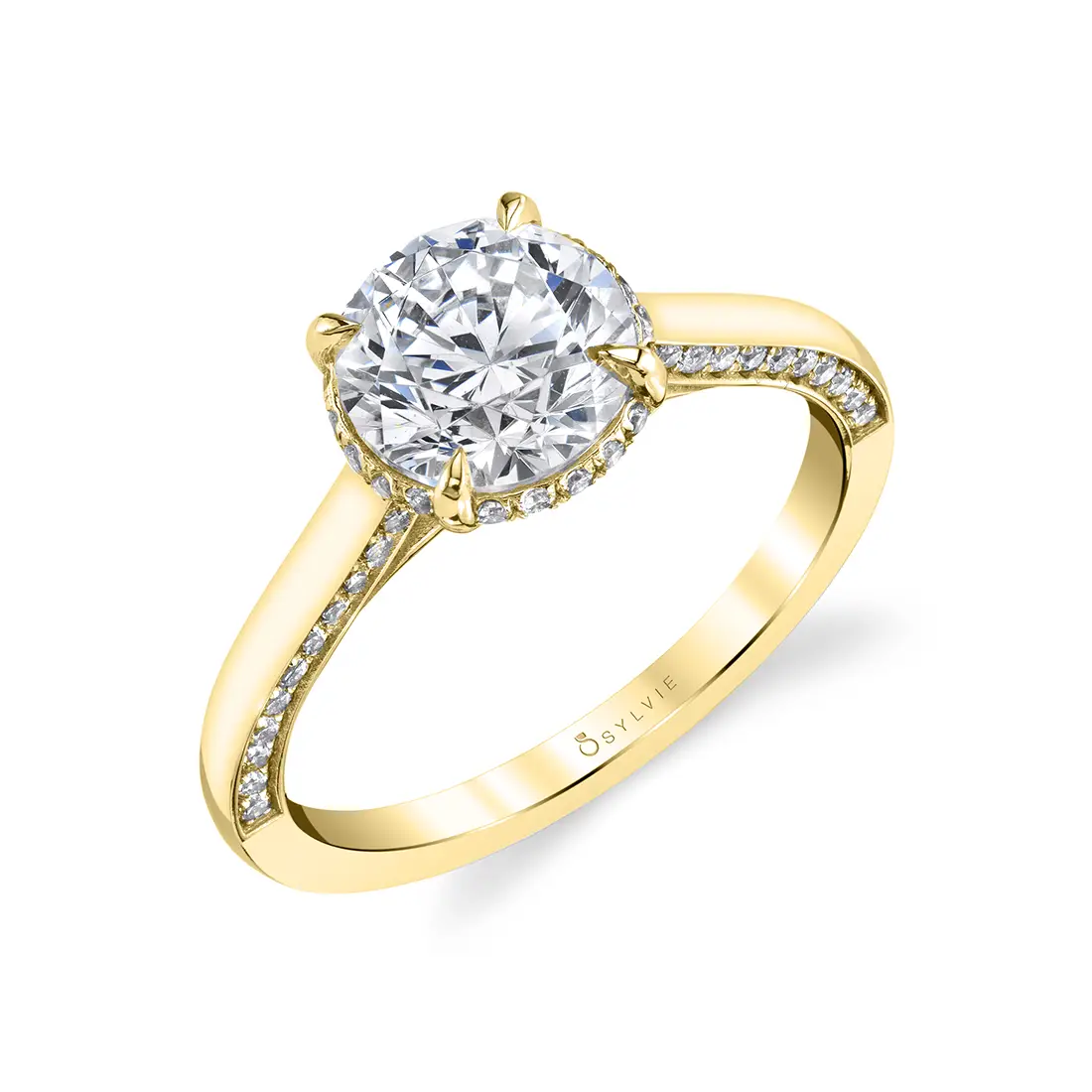 White Gold Round Cut Hidden Halo Engagement Ring with Diamond Profile - Calina - Profile View - Profile View
