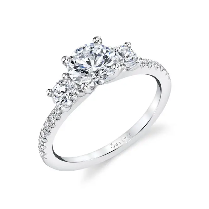 White Gold Round Cut Modern Three Stone Engagement Ring